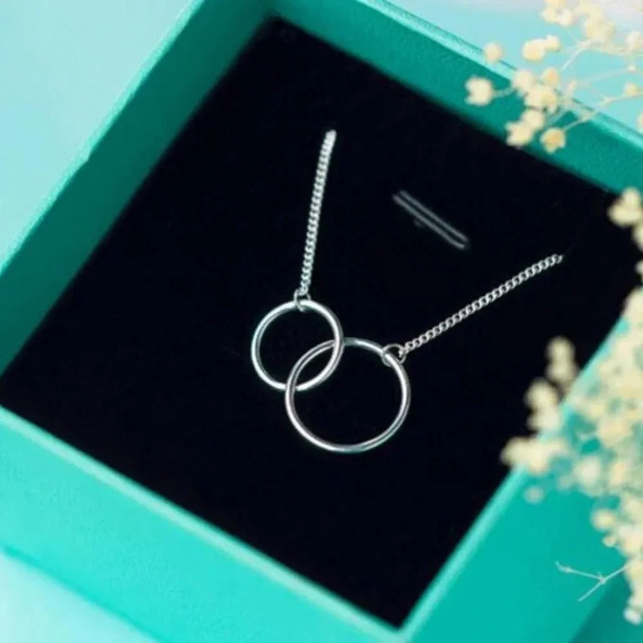 925 Sterling Silver Dainty Double Circle Necklace - Picture 2 of 5